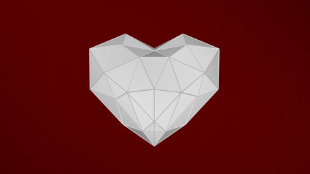 Low poly white heart concept on red background. 3d illustration, 3d renderingの写真素材