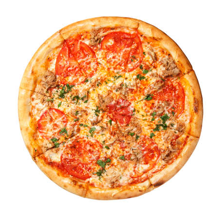 Pizza with tomato slices, beef slices with cheese and fresh herbs overhead view isolated on white background.の写真素材