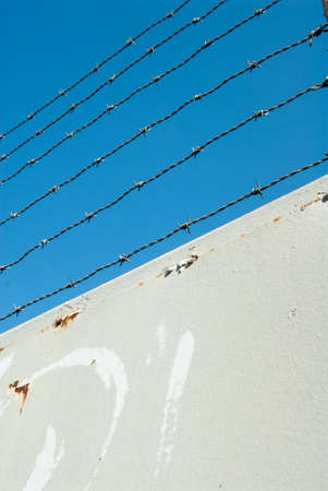 barbed wire on a metal gateの写真素材