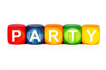 term party - built from colored wooden cubes on white background, isolated