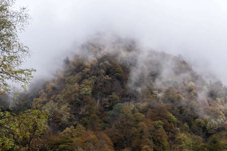 Caucasus, Georgia, Tusheti region, Omalo. Landscape view of caucasus mountains behing fog in Georgiaの写真素材