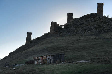 Caucasus, Georgia, Tusheti region, Omalo. The old fort of upper Omalo overlooks a garden shed.