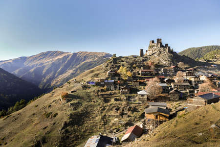 Caucasus, Georgia, Tusheti region, Omalo. The old fort overlooks the village of upper Omalo at sunsetのeditorial素材