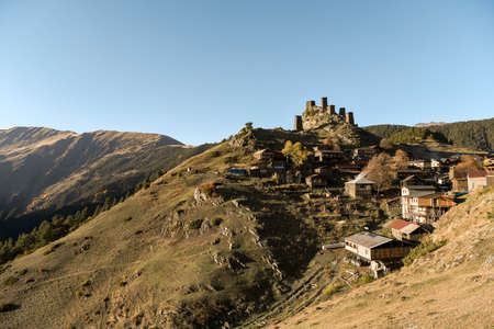 Caucasus, Georgia, Tusheti region, Omalo. The old fort overlooks the village of upper Omalo at sunsetのeditorial素材