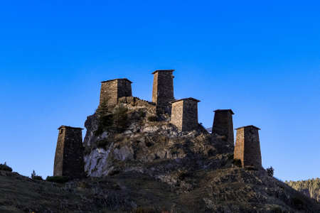 Caucasus, Georgia, Tusheti region, Omalo. The old fort of upper Omalo at sunsetのeditorial素材