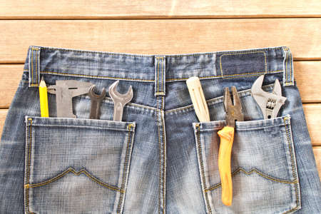 Labor day.  Different tools on a wooden tableの写真素材