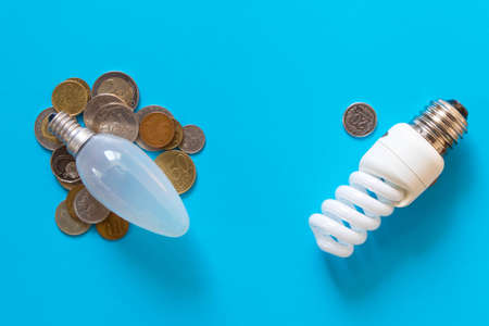 Energy-saving Lamp vs. incandescent lamp . Make a choice. On a blue background .の写真素材