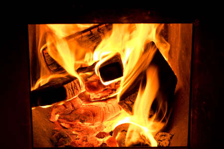 Firewood burning in the oven . Oven in the bath .