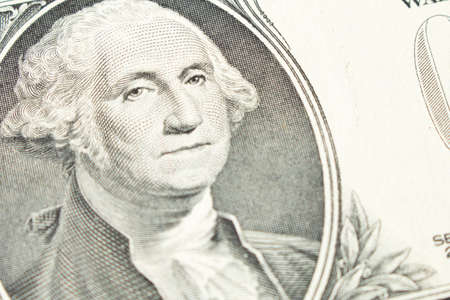 Portrait of President George Washington on 1 dollar bill. Close up.