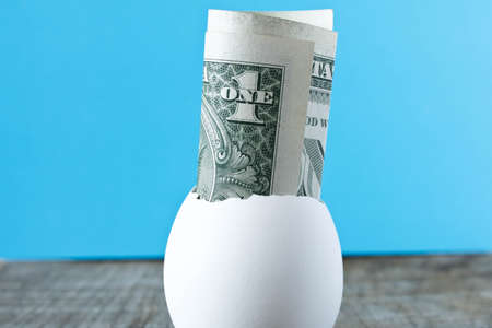1 dollar bill in an egg shell. On a turquoise background. The concept of saving.