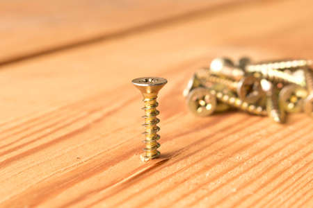 Screws on a wooden workbench. The concept of work.の写真素材