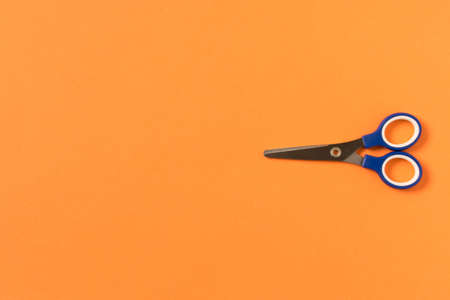 Scissors on an orange background. Colored baby scissorsの写真素材