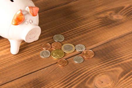 Piggy Bank and a few coins on the wooden table. Close up. The concept of saving money. Selective...