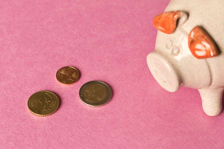 Piggy Bank and a few coins on the purple background. Close up. The concept of saving money. Selective focusの写真素材
