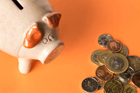 Piggy Bank and a few coins on the orange background. Close up. The concept of saving money. Selective focusの写真素材