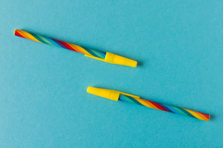 Ballpoint pens on a blue background. Close upの写真素材