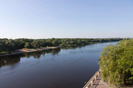 View of the river from the bridge. Panoramic view of the river and embankmentの写真素材