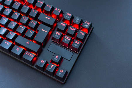 Black gaming keyboard with backlight. Close up. Selective focusの素材 [FY310155635071]