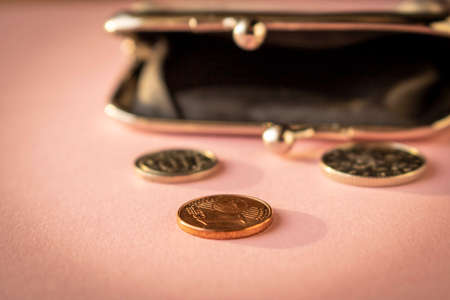Wallet with coins on a light background. Close up. Selective focus. The concept of poverty