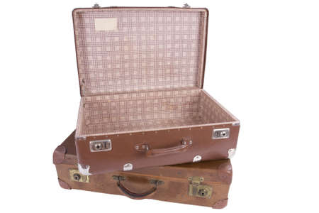two old suitcases isolated on white background の写真素材