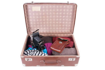 Vintage photography camera with leather case in a suitcaseの写真素材