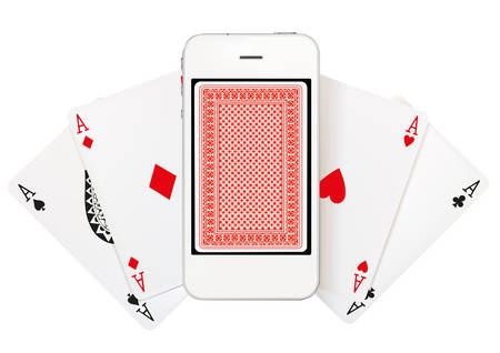 Playing poker on a smartphone over white