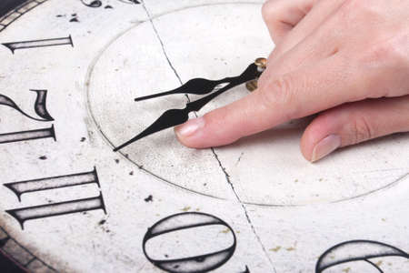 Female finger changes the time on a clock over white