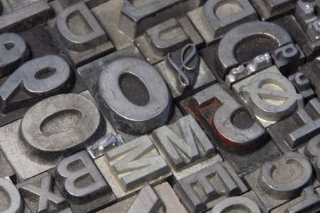 Random arrangement of letterpress lead letters in block
