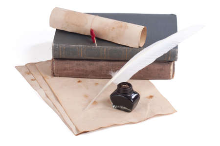 old books and pen on a white background