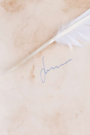 White Feather pen on old paper with signatureの写真素材