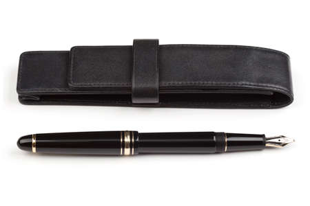 fountain pen and leather case over white background
