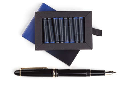fountain pen and box of cartridges over white backgroundの写真素材