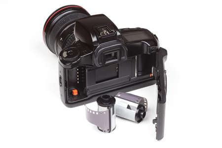 Analog SLR camera with lens on white backgroundの写真素材