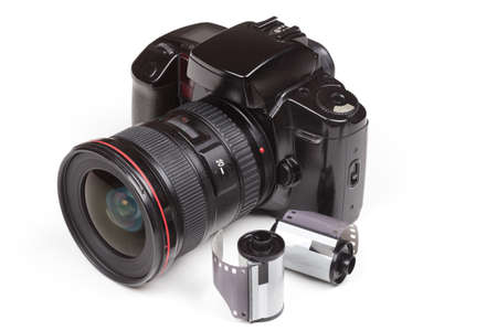 Analog SLR camera with lens on white backgroundの写真素材