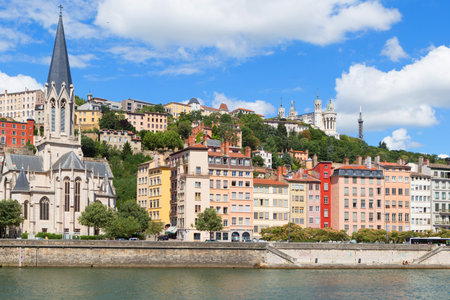Lyon old town and the river saone, 17 July, Lyon, Franceのeditorial素材