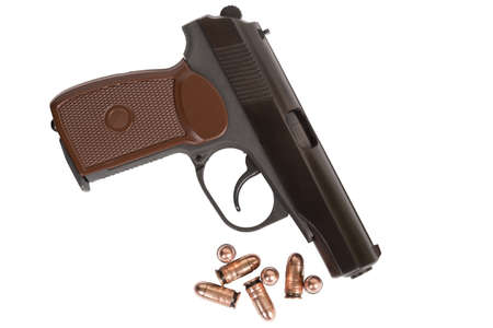 Gun with ammunition on white background