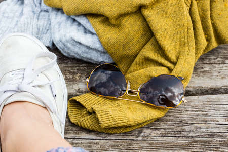 natural fashion and reflecting sunglassesの写真素材