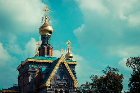 church tower with golden topの写真素材