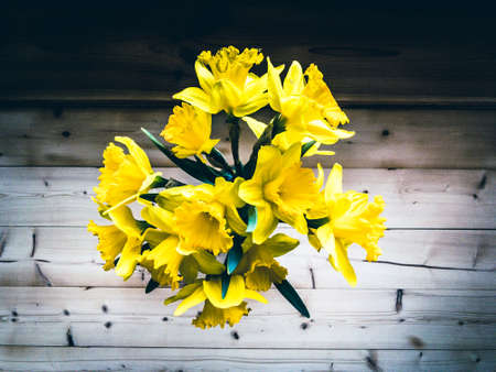 fresh cut daffodils in a vase on hardwood floor