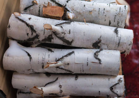 birch firewood in the winter folded in a pileの写真素材