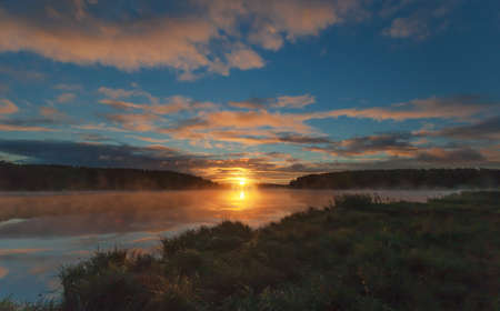 Summer dawn on a pond with fogの写真素材