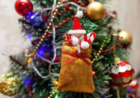 Toy "Santa Claus bag" on a Christmas treeの写真素材
