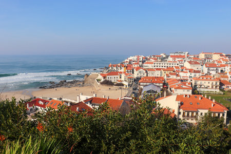coastal village on the ocean from the bird's eye view directly on the beach and people with the view over green bushes down to the village and beach and the ocean to the horizon and blue, cloudless skyの写真素材