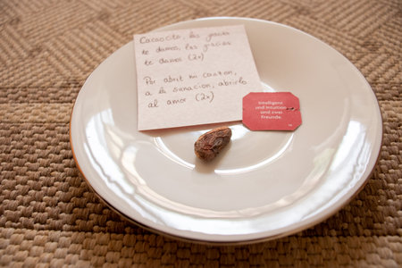 white ceramic plate with a cacoa bean and a white text handwritten on spanish notes and a red note with german text on a patterned carpetの写真素材