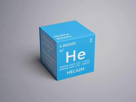 Helium. Noble gases. Chemical Element of Mendeleev's Periodic Table. Helium in square cube creative concept.の写真素材