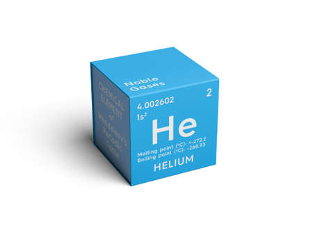 Helium. Noble gases. Chemical Element of Mendeleev's Periodic Table. Helium in square cube creative concept.の写真素材