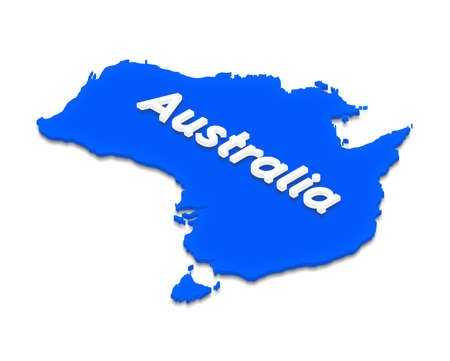 Illustration of a blue ground map of Australia on isolated background. Left 3D isometric projection with the name of continent.の写真素材