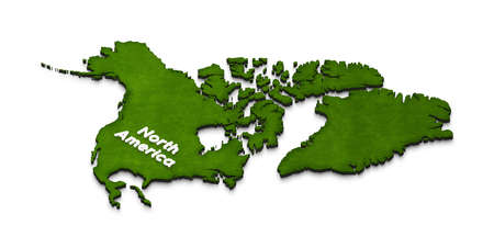 Illustration of a green ground map of North America on isolated background. Left 3D isometric projection with the name of continent.の写真素材
