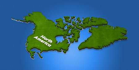 Illustration of a green ground map of North America on water background. Left 3D isometric projection with the name of continent.の写真素材