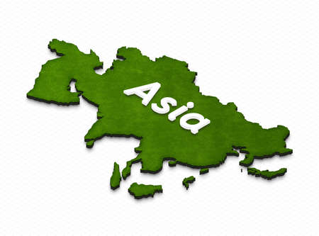Illustration of a green ground map of Asia on grid background. Left 3D isometric projection with the name of continent.の写真素材